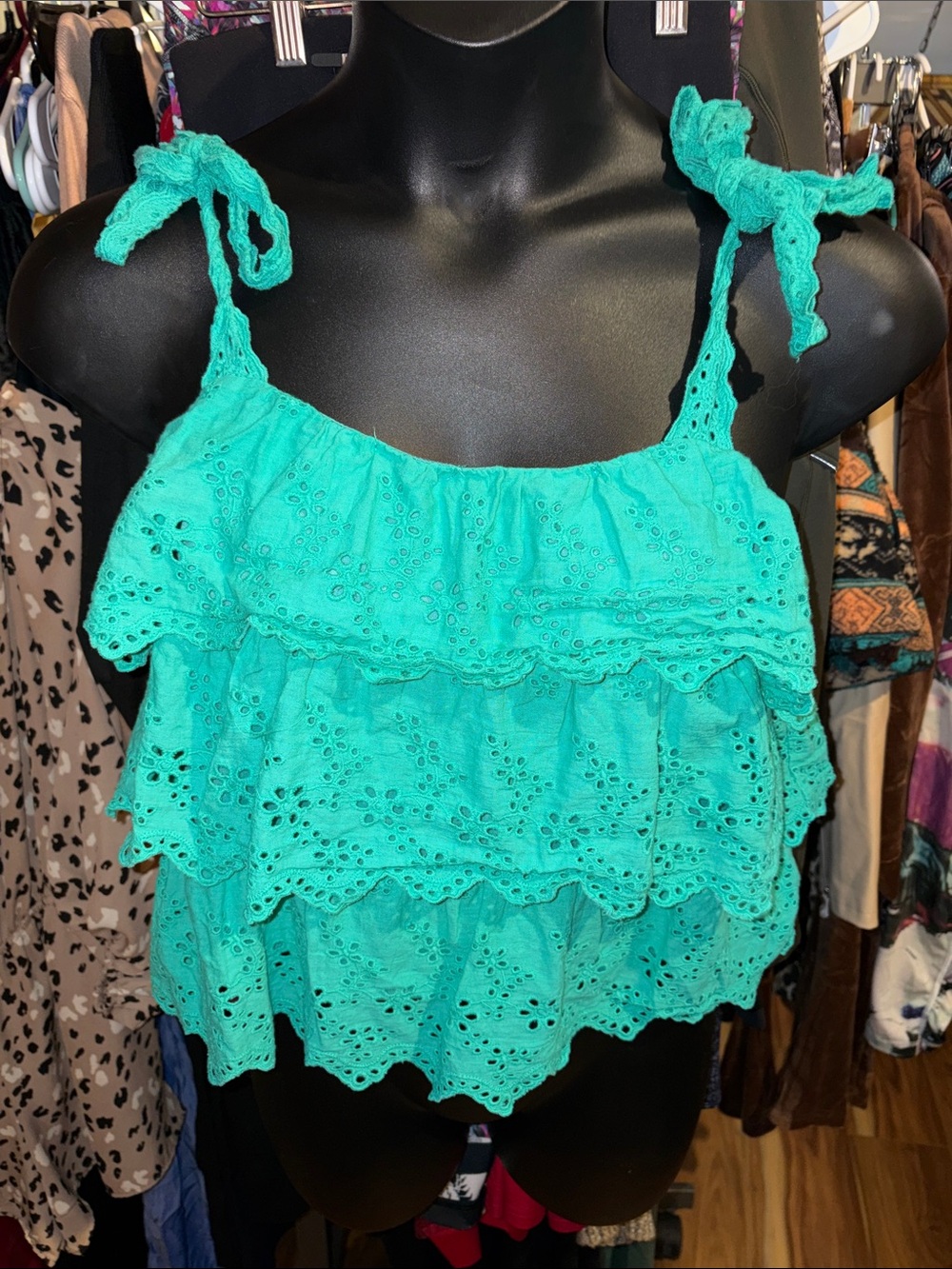 ANDREE BY UNIT Teal Eyelet Ruffle Tie-Strap Camisole